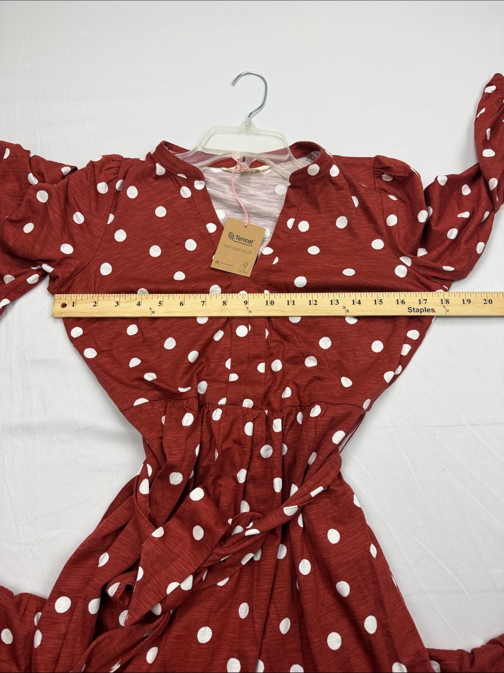 Boden Rust Red Polka Dot Long Sleeve Tie-Waist Midi Dress - Picture 13 of 15